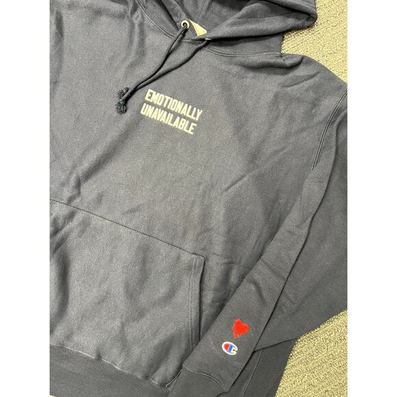 EMOTIONALLY UNAVAILABLE X CHAMPION HOODIE NAVY XL BLUE NEW - Picture 1 of 2
